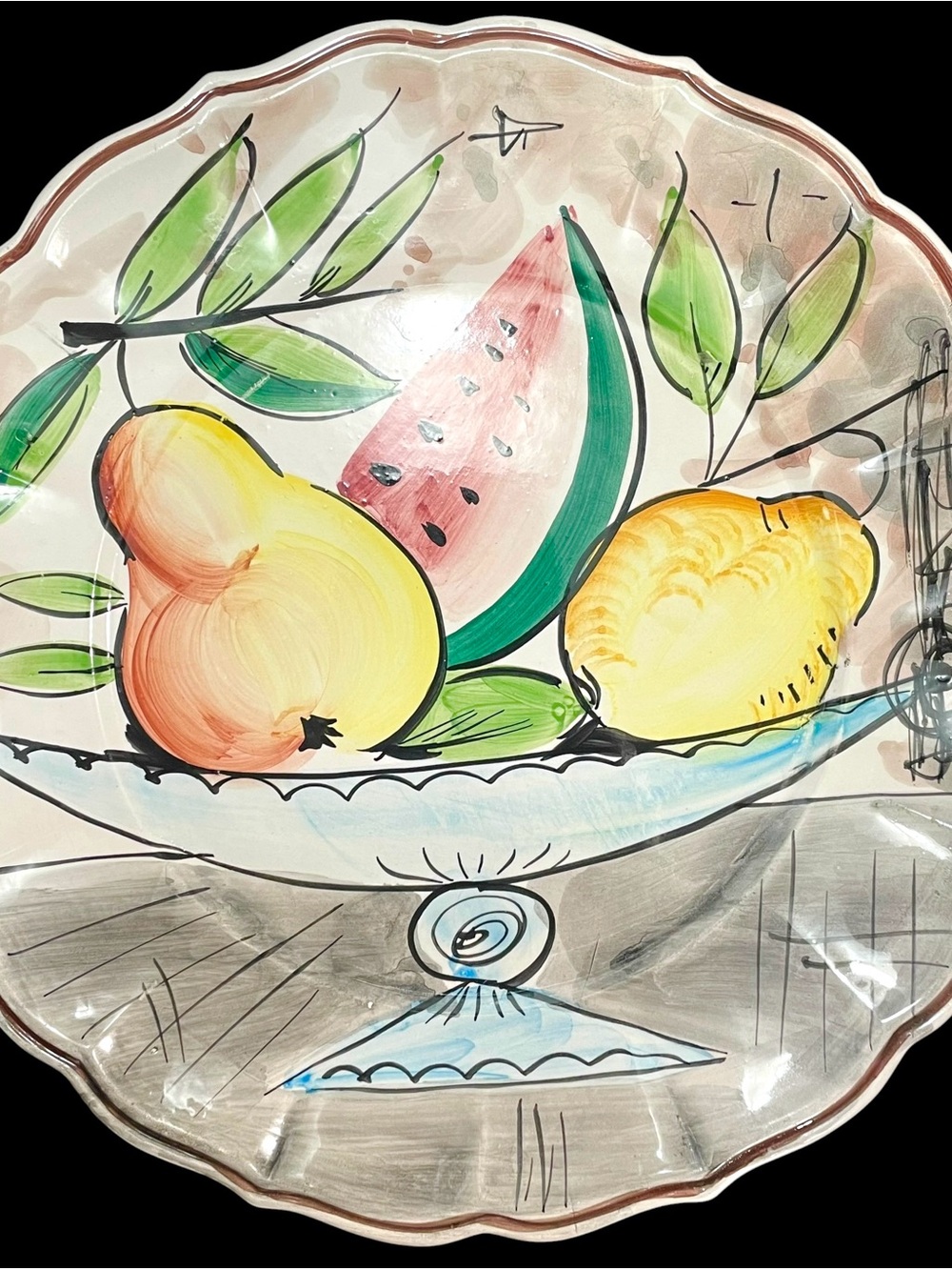 Vintage 1960s Italian Hand Painted Round Cheese Plate - Fruits Wall Hanging
